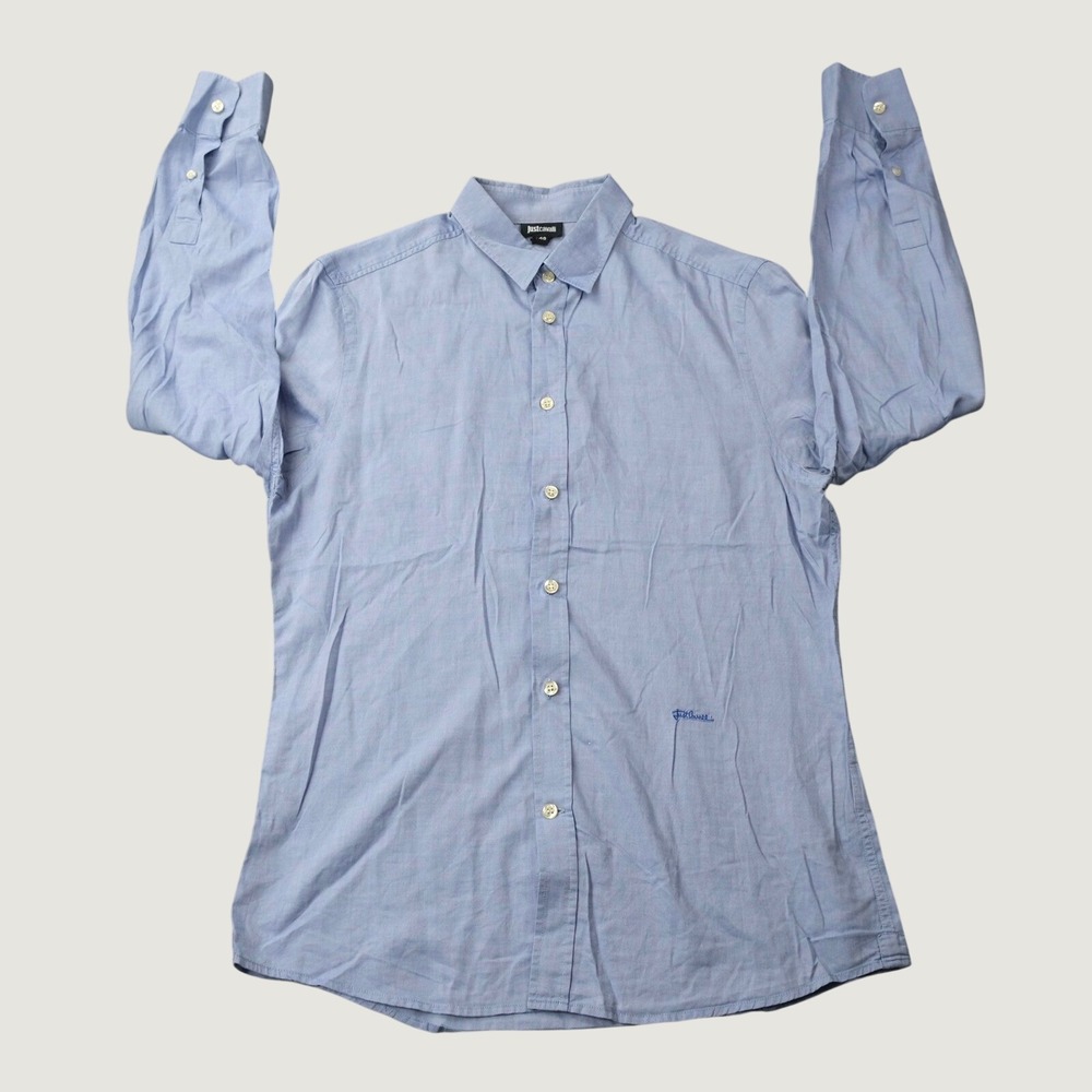 Just Cavalli Button Down Shirt 48 Blue Long Sleeve Cotton Logo S03DL0105 N37525